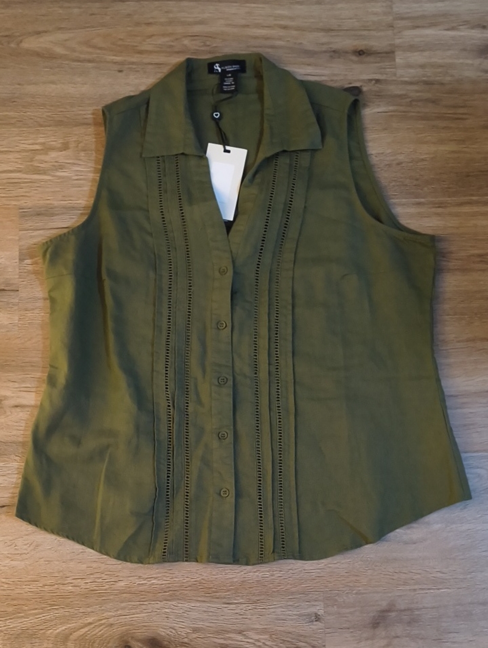 Sleeveless Olive Green Button-Front Blouse by Alison Sheri